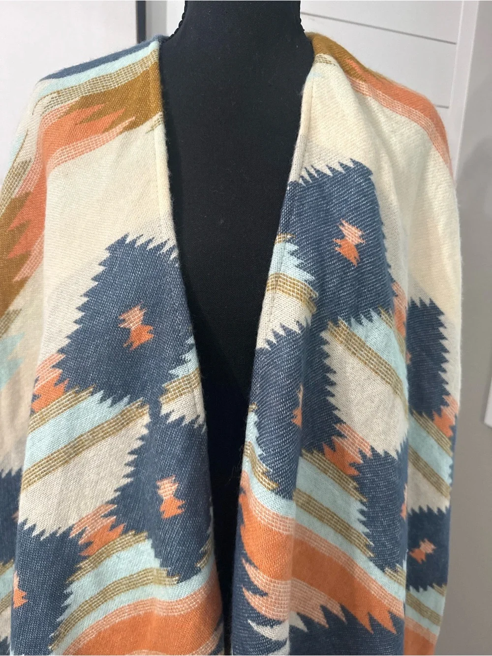 Boho Geometric Fringe Wrap in Cream, Navy & Rust